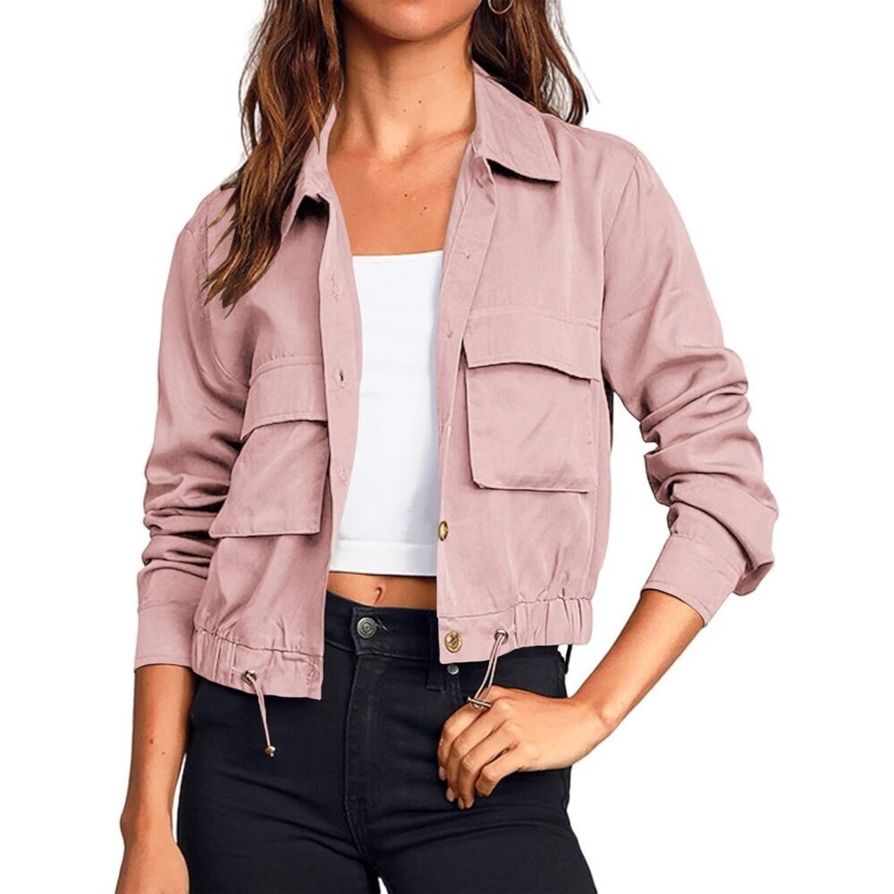 Women's Pink Military Safari Cropped Jackets Button Down Lightweight Oversized